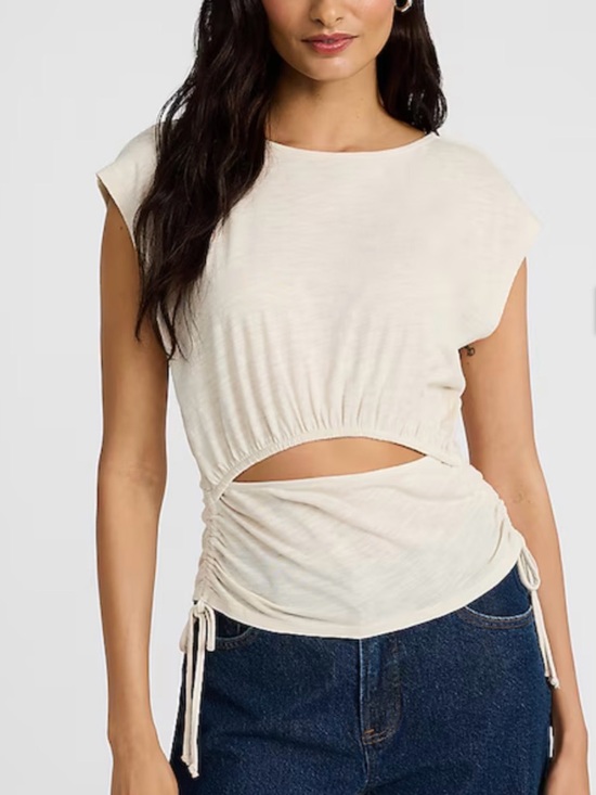 Express Tops - Boat Neck Cap Sleeve Front Cutout Tie Side Tee